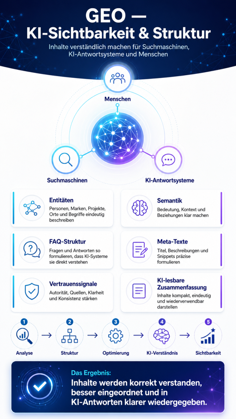 GEO-KI-Sichtbarkeit Infografik über GEO-KI-Sichtbarkeit und Struktur mit Statistiken und Kategorien.