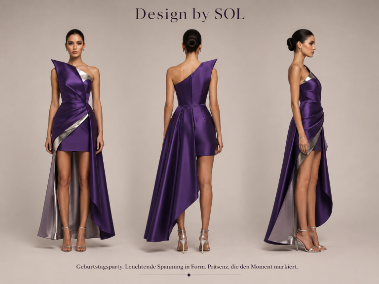 Lila Abendkleid mit asymmetrischem Schnitt Elegantes, lila Abendkleid mit asymmetrischem Schnitt und verziertem Saum.