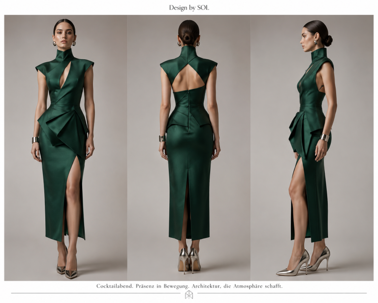 grünes Abendkleid Elegantes grünförmiges Abendkleid mit hohen Schlitzen und innovativem Ausschnitt.