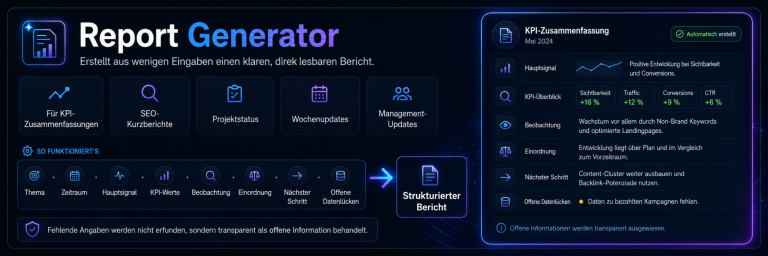 Berichtsgenerator mit verschiedenen Funktionen und einer Schaltfläche zum Herunterladen.