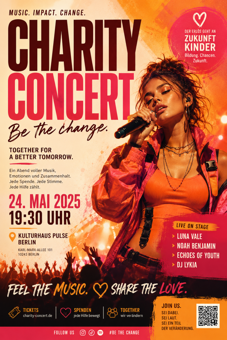 Charity-Konzert Charity-Konzert mit einer Sängerin, Datum 24. Mai 2025, um 19:30 Uhr.