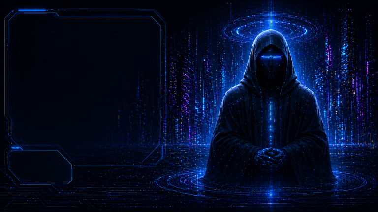 KI-Agent digitalen, futuristischen Raum. Ein schemenhafter, blau leuchtender Charakter in einem digitalen, futuristischen Raum.