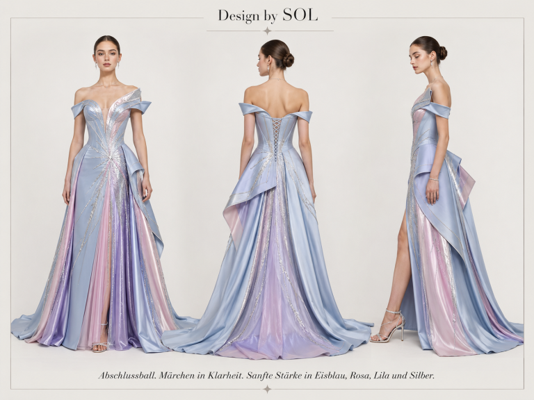 Abendkleid in sanften Blau- und Lilatönen Elegantes, schulterfreies Abendkleid in sanften Blau- und Lilatönen mit hohem Schlitz.