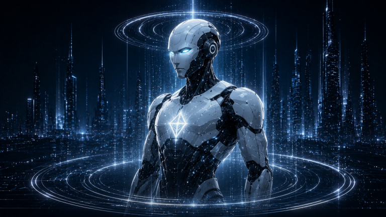 Futuristischer KI-Agent Futuristischer Roboter in einem holografischen, leuchtenden Umfeld.