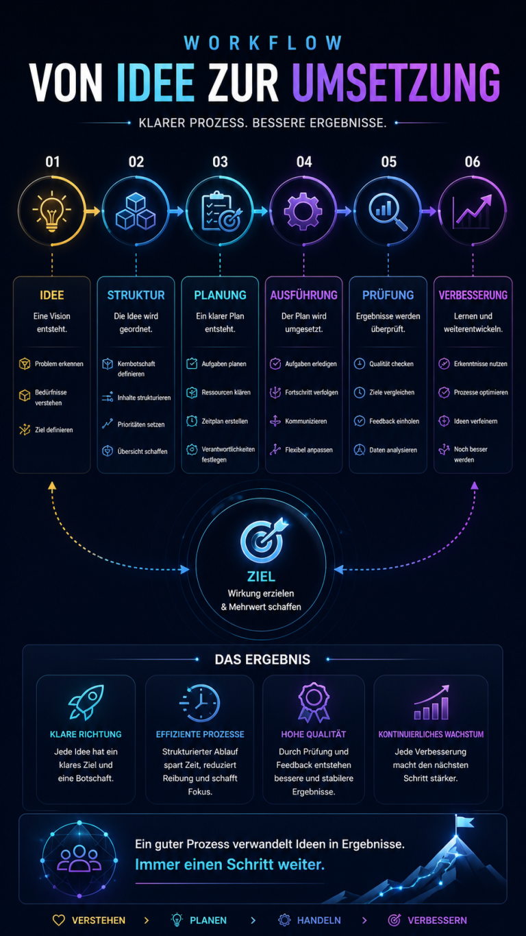 Exocortex Infografik: Prozess von der Idee zur Umsetzung mit verschiedenen Phasen und Schritten.