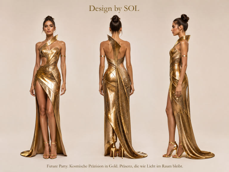 Elegantes, golden Abendkleid Elegantes, golden Abendkleid mit asymmetrischem Schnitt und hohem Schlitz.