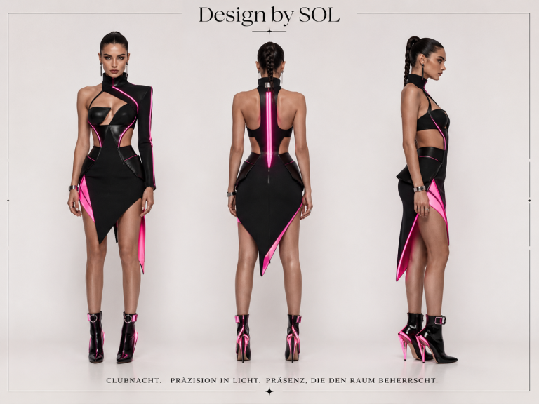 Kleid mit pinken Akzenten Schwarzes Kleid mit pinken Akzenten, hautenge Silhouette, modischer Schnitt.