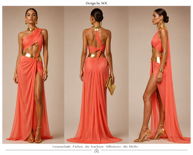 Roter eleganter Abendkleid Rotes, elegantes Kleid mit asymmetrischem Schnitt und hohem Schlitz, goldenen Akzenten.