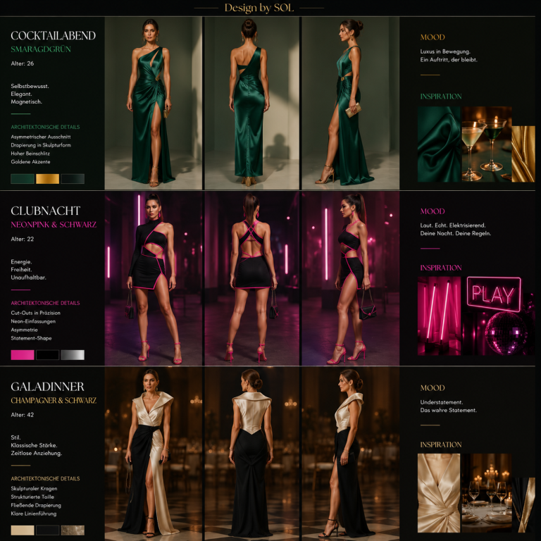 Elegante Damenmode Elegante Damenmode mit verschiedenen Abendkleidern in unterschiedlichen Stilen und Farben.