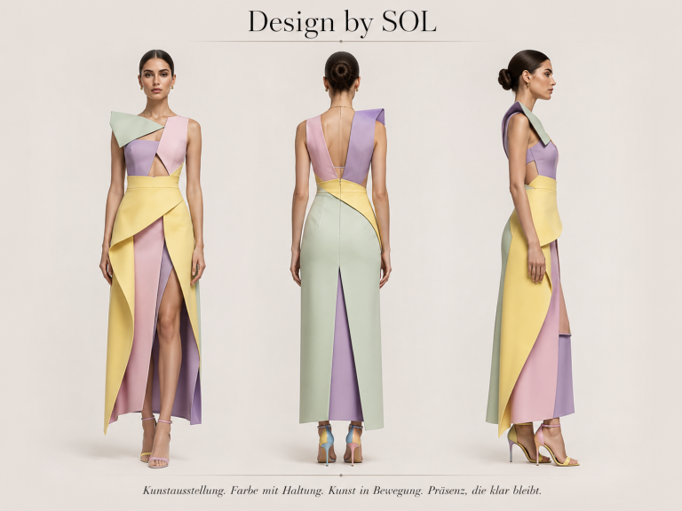 Elegantes, mehrfarbiges Kleid mit asymmetrischem Schnitt Elegantes, mehrfarbiges Kleid mit asymmetrischem Schnitt und Drapierungen.