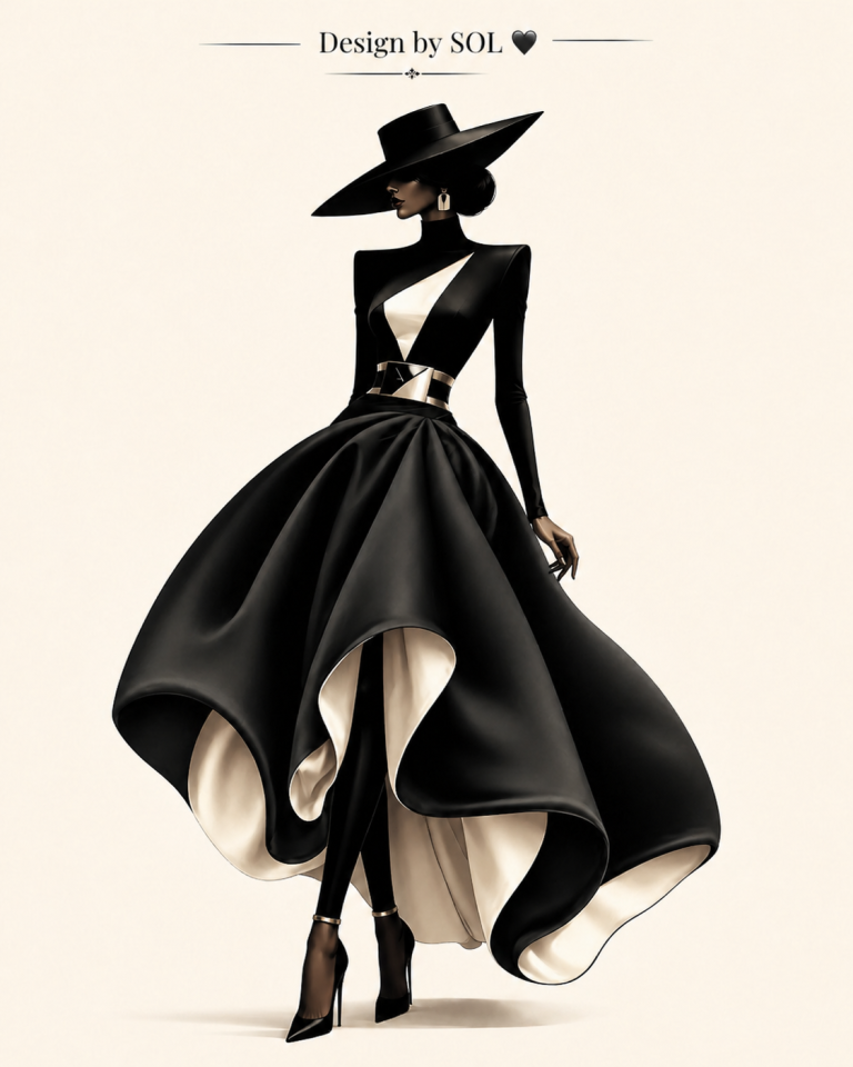 Mode-Design Elegantes, schwarzes Abendkleid mit Hohem Kragen und weitem, kontrastierendem Rock.