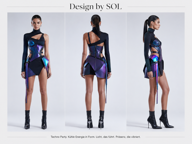 futuristischen Outfits in Schwarz und Iris Dreifacher Blick auf ein modisches Kleid mit schimmernden Details und hohen Stiefeln.