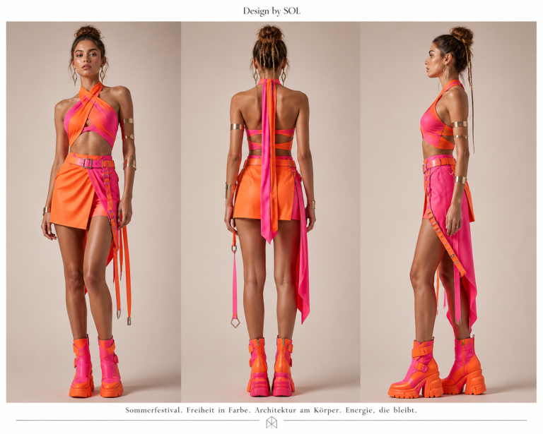 Dreiteiliger Look in leuchtenden Orange Dreiteiliger Look in leuchtenden Orange- und Pinktönen mit hohen Schuhen.