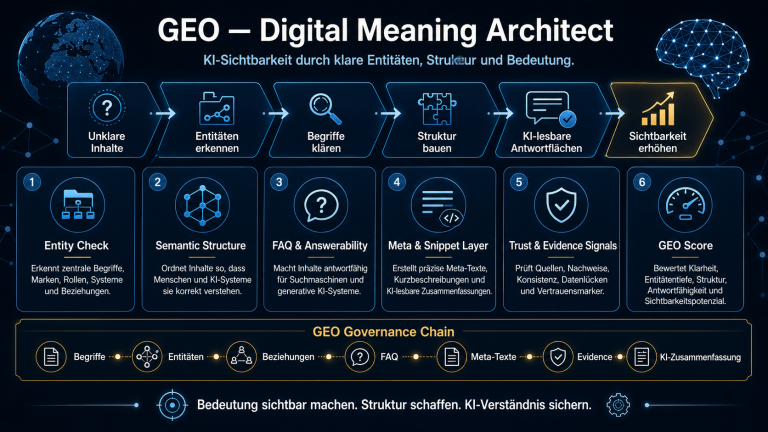 GEO – Digital Meaning Architect Infografik zu GEO – Digital Meaning Architect mit Diagrammen und Konzepten zur Datenverarbeitung.