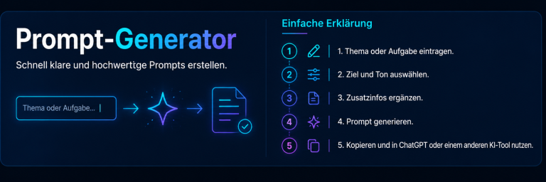Ein grafisches Layout zur Beschreibung eines Prompt-Generators mit klaren Funktionen.