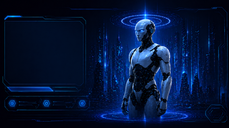 Executor Futuristischer humanoider Roboter vor einer blauen, digitalen Hintergrundlandschaft.