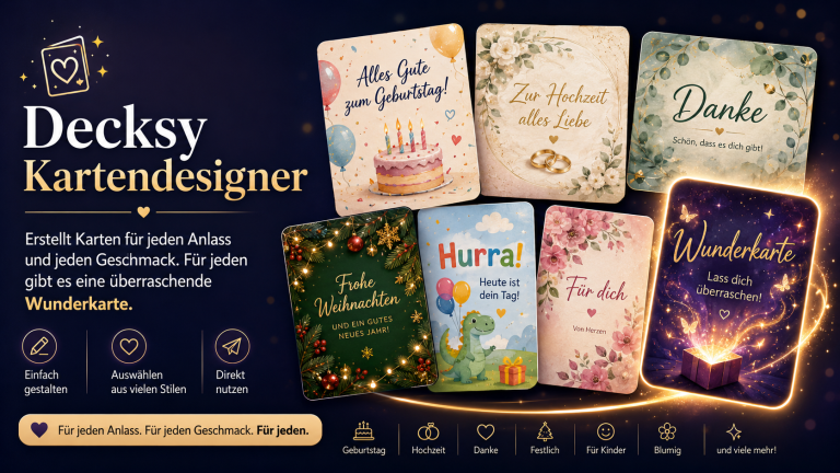Verschiedene Kartendesigns für besondere Anlässe, darunter Geburtstage und Dankeschöns.