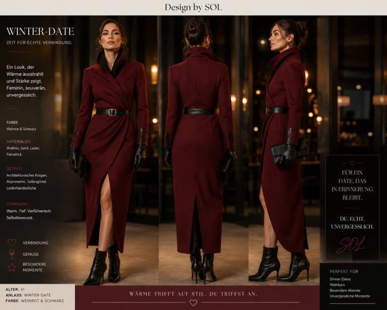 Elegantes rotes Kleid mit Gürtel Elegantes rotes Kleid mit Gürtel und hohen Stiefeln, präsentiert in drei Ansichten.