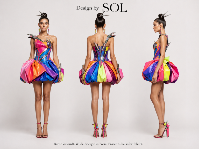 Abendkleid-Design Farbiger, schulterfreier Abendkleid-Design mit ausgefallenem Rock und offenen Schuhen.