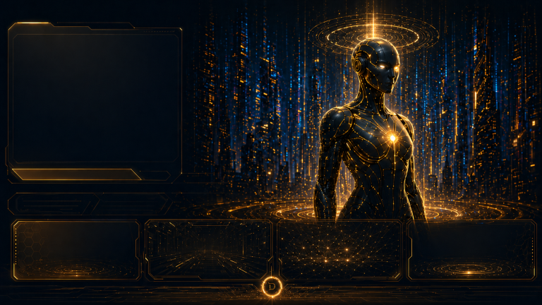 SOL Futuristische humanoide Figur in einem digitalen Raum mit goldenen Lichtern und einem Halo.