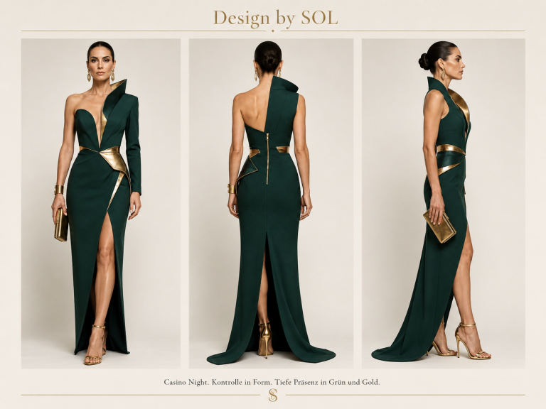 Elegantes, smaragdgrünes Abendkleid Elegantes, smaragdgrünes Abendkleid mit asymmetrischem Schnitt und goldenen Akzenten.