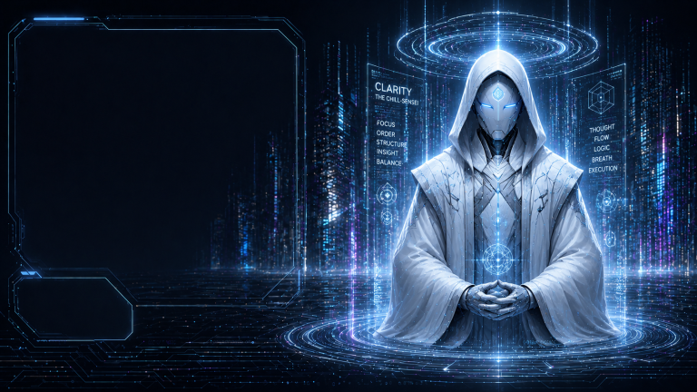 Clarity Architekt Ein mystischer humanoider Zeitgeist in einem leuchtenden, futuristischen Raum.