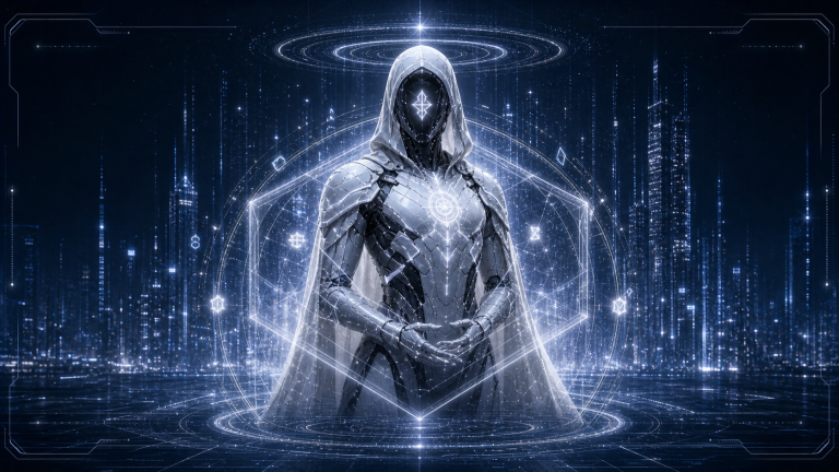 Figur in einem Umhang Eine mysteriöse Figur in einem Umhang steht vor holografischen Mustern.