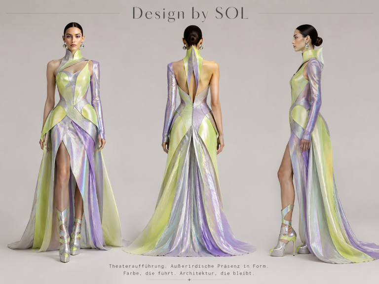 Kleid in Lila und Gelb mit transparenten Einsätzen. Elegantes, mehrteiliges Kleid in Lila und Gelb mit transparenten Einsätzen.